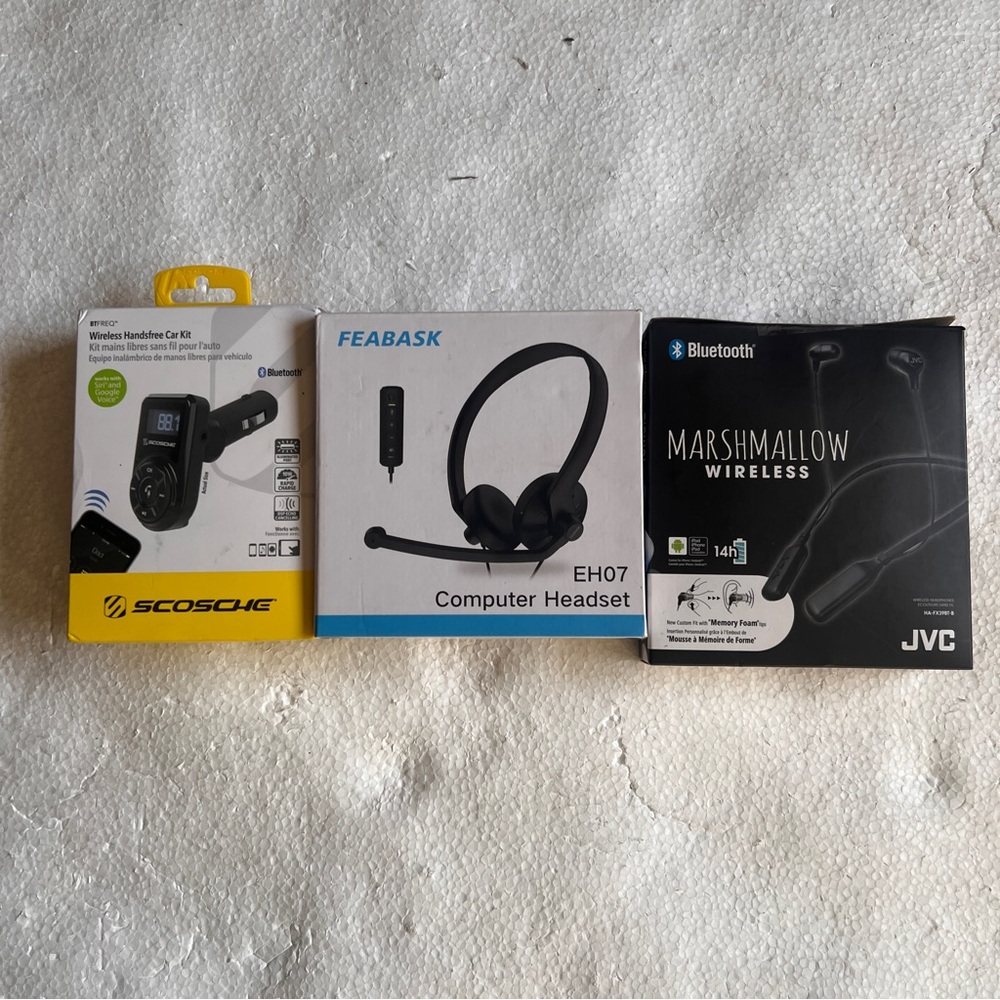 Scosche Bluetooth Car Kit, Feabask Headset, JVC Wireless Earbuds